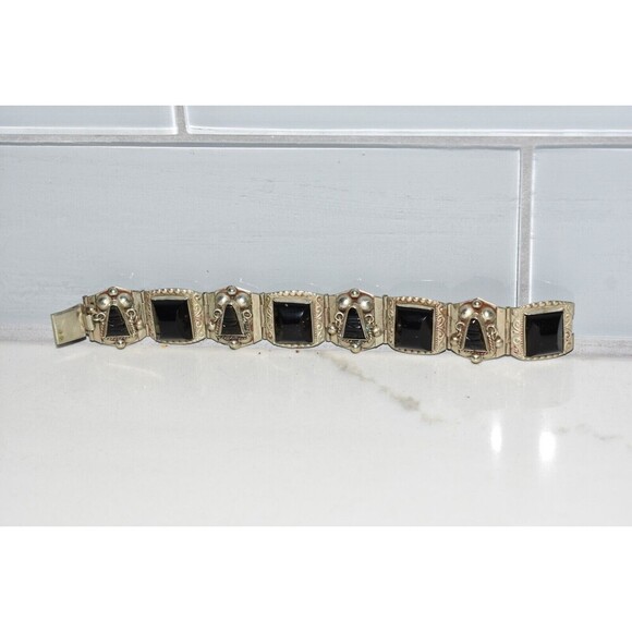 Vintage Aztec Mask Bracelet Black Onyx Alpaca Silver Beautiful 7” made in Mexico - Picture 13 of 16